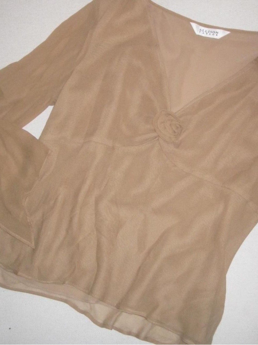 Allison Taylor Sheer Tan Brown V-Neck Flower Accent Blouse
